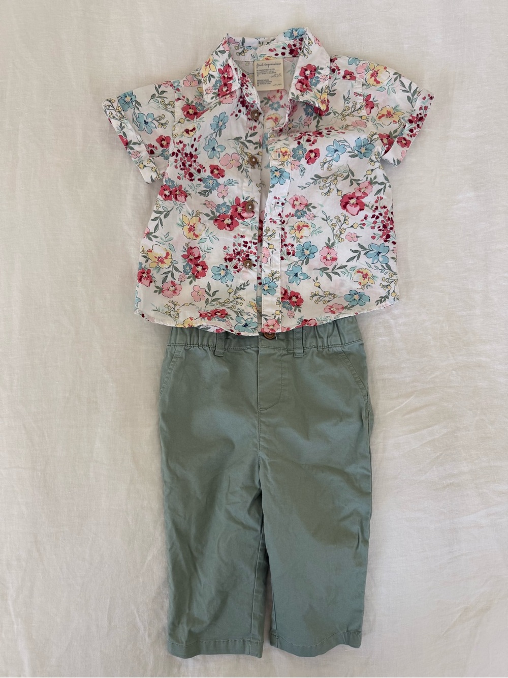 First Impressions White Floral Button-Down Shirt with Green Pants Set